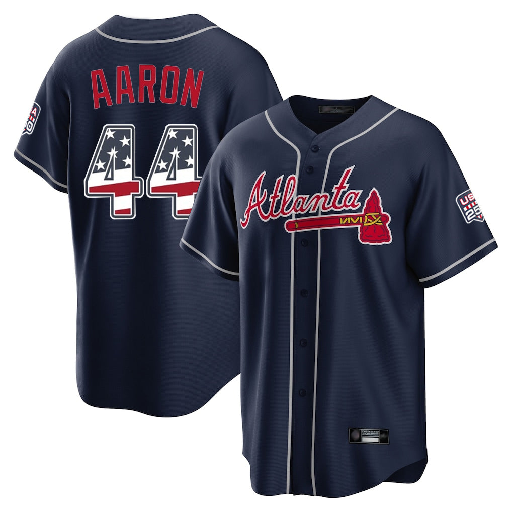 Atlanta Braves #44 Hank Aaron Player Navy MIKSHPS USA 250 Fourth Of July Limited Home Game Stitched Jerseys
