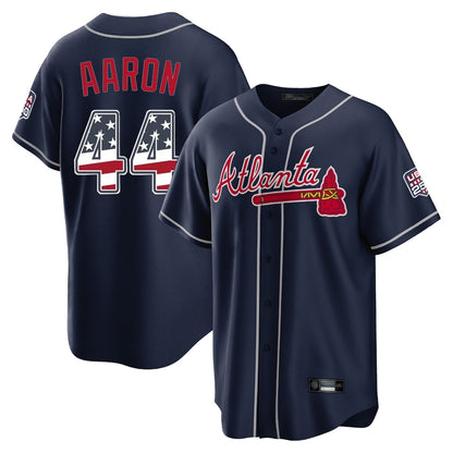 Atlanta Braves #44 Hank Aaron Player Navy MIKSHPS USA 250 Fourth Of July Limited Home Game Stitched Jerseys
