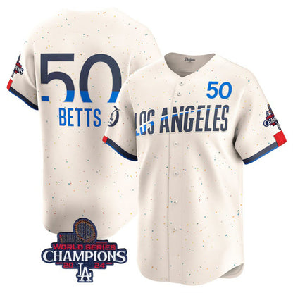 Los Angeles Dodgers #50 Mookie Betts Cream MIKSHPS 2024 World Series Champions City Connect Limited Stitched Jersey