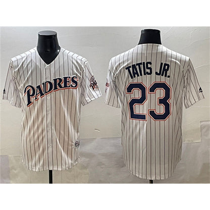 San Diego Padres #23 Fernando Tatis Jr. White MIKSHPS Throwback With Patch Cool Base Stitched Jersey