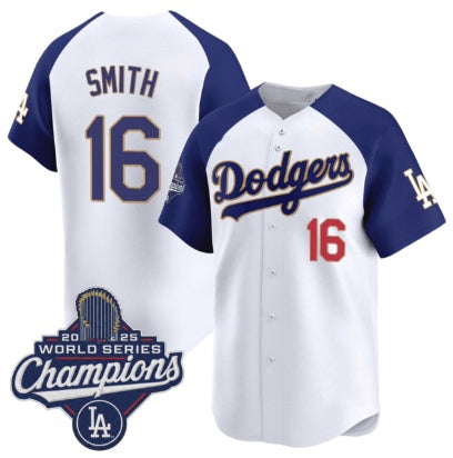 Los Angeles Dodgers #16 Will Smith White Blue MIKSHPS 2025 Champions Stitched Jersey