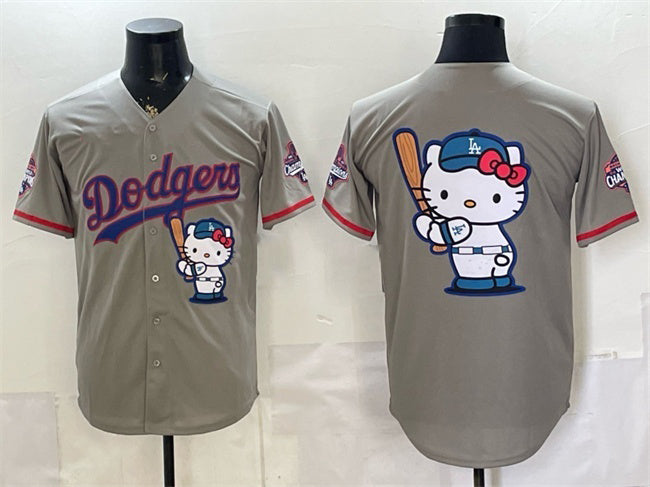 Los Angeles Dodgers Team Big Logo Grey MIKSHPS Hello Kitty Night 2025 World Series Champions Patch Stitched Jersey