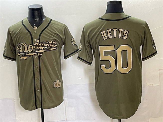 Los Angeles Dodgers #50 Mookie Betts Olive MIKSHPS 2026 Armed Forces Day Stitched Jersey