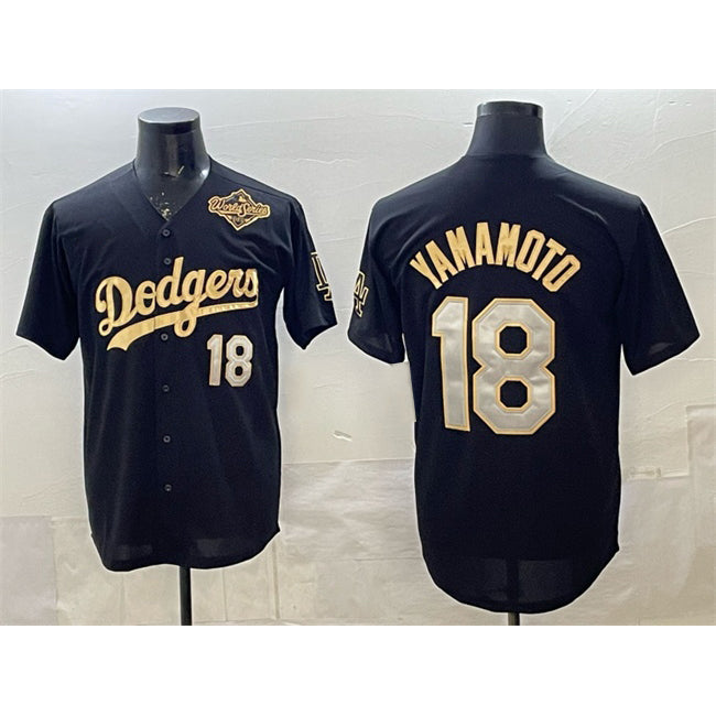 Los Angeles Dodgers #18 Yoshinobu Yamamoto Black Gold MIKSHPS 2025 World Series Patch Limited Stitched Jersey