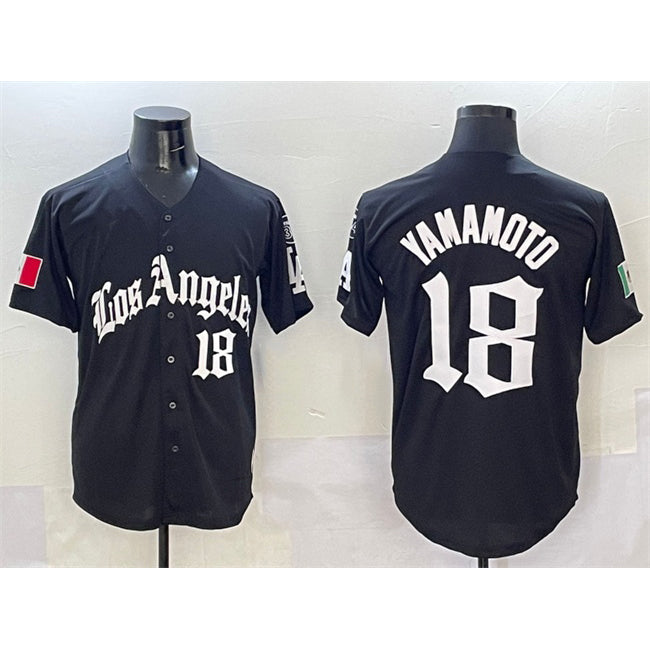 Los Angeles Dodgers #18 Yoshinobu Yamamoto Black MIKSHPS Mexico 2025 LA Gothic Style With Fernando Patch Vapor Premier Limited Stitched Jersey