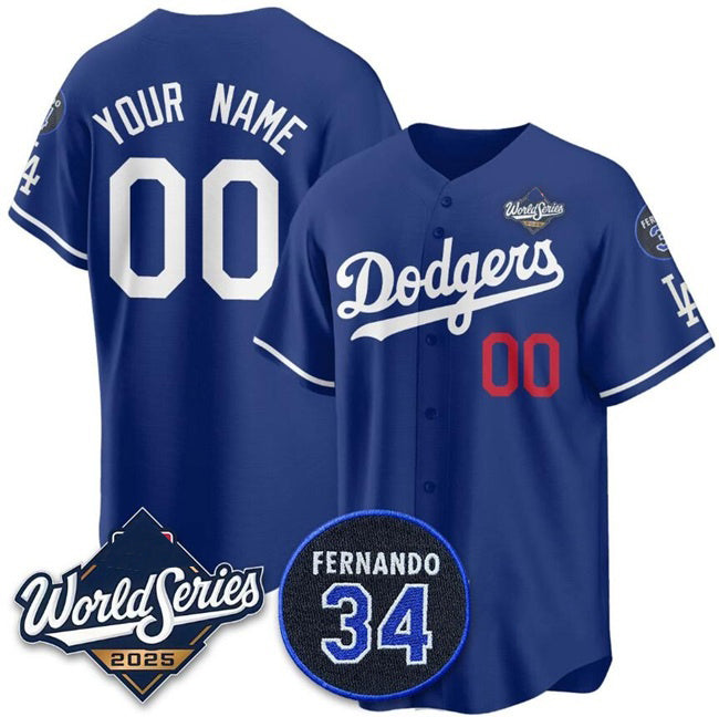 Custom Los Angeles Dodgers Active Player Royal MIKSHPS 2025 World Series With No.34 Patch Limited Stitched Jersey