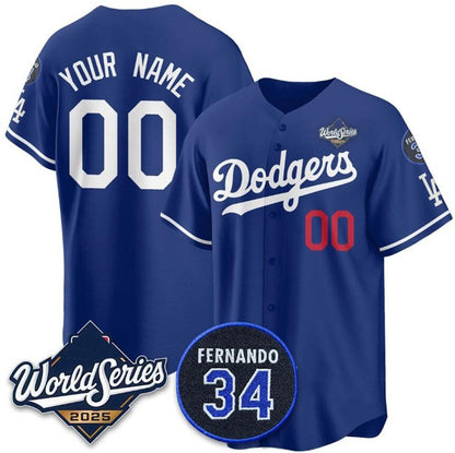 Custom Los Angeles Dodgers Active Player Royal MIKSHPS 2025 World Series With No.34 Patch Limited Stitched Jersey
