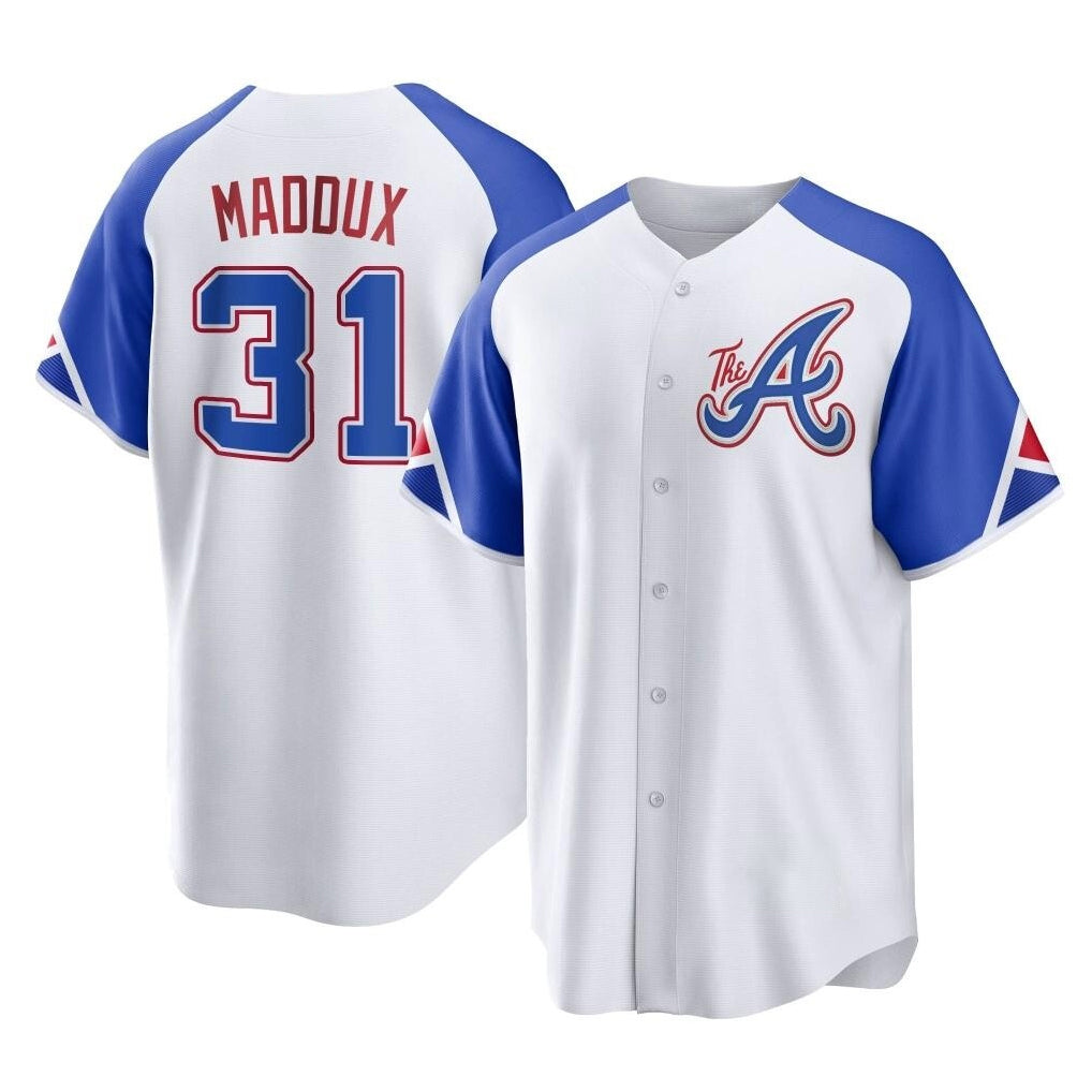 Atlanta Braves #31 Greg Maddux Player White MIKSHPS City Connect Home Game Stitched Jerseys