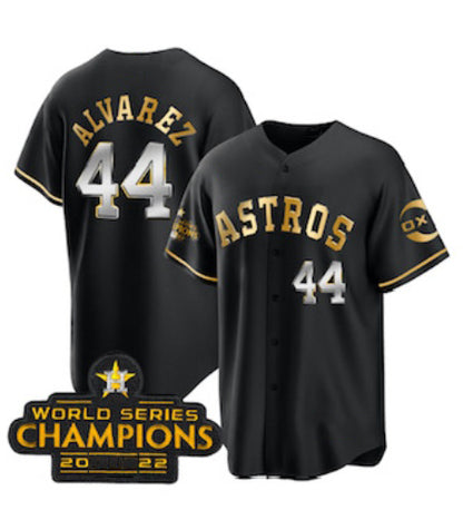 Houston Astros #44 Yordan Alvarez Black Gold MIKSHPS 2022 World Serise Champions Patch Stitched Jersey