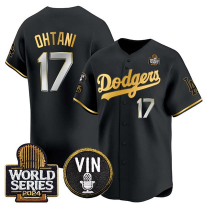 Los Angeles Dodgers #17 Shohei Ohtani Black Gold MIKSHPS 2024 World Series Vin & Kobe Patch Limited Stitched Jersey