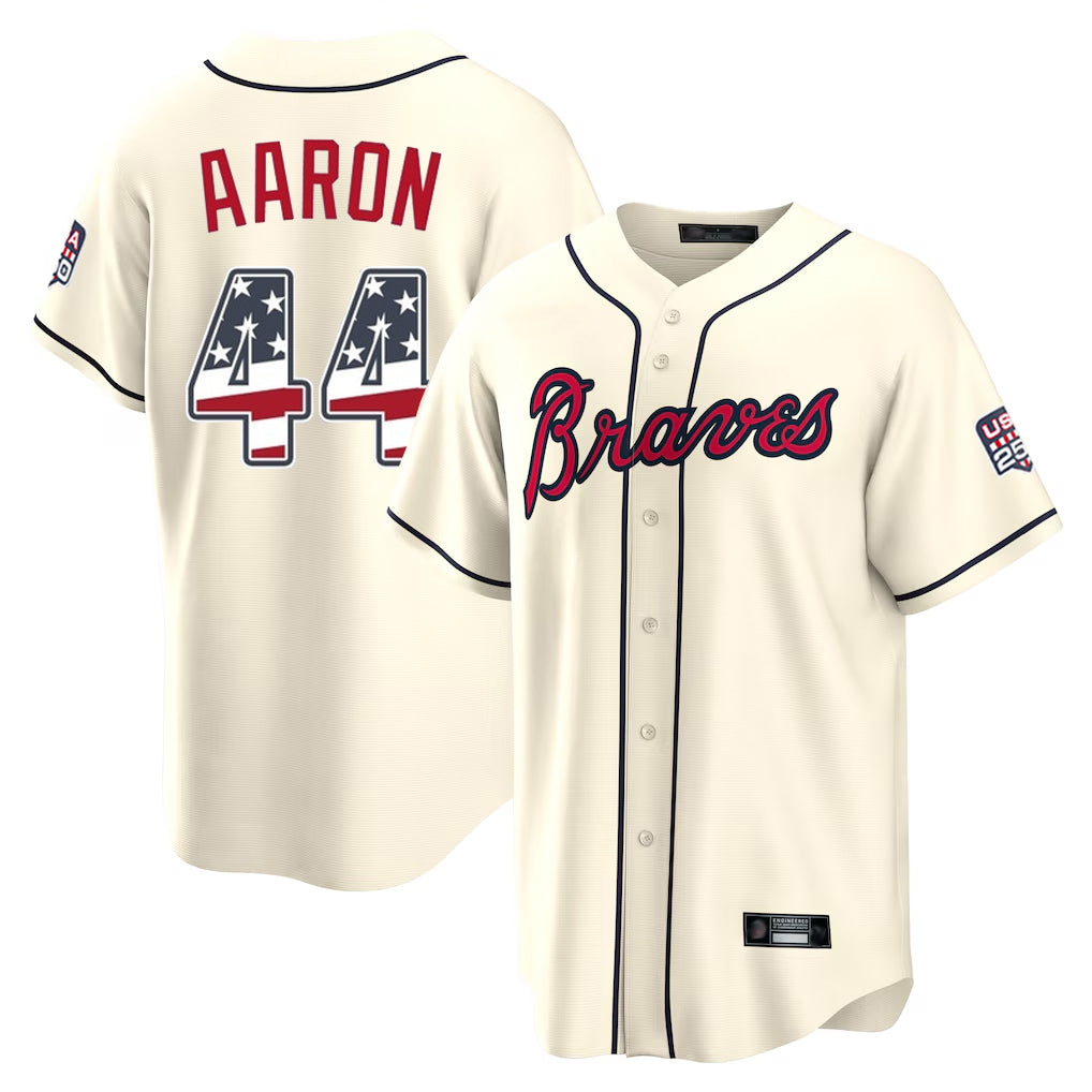 Atlanta Braves #44 Hank Aaron Player Cream MIKSHPS USA 250 Fourth Of July Limited Home Game Stitched Jerseys