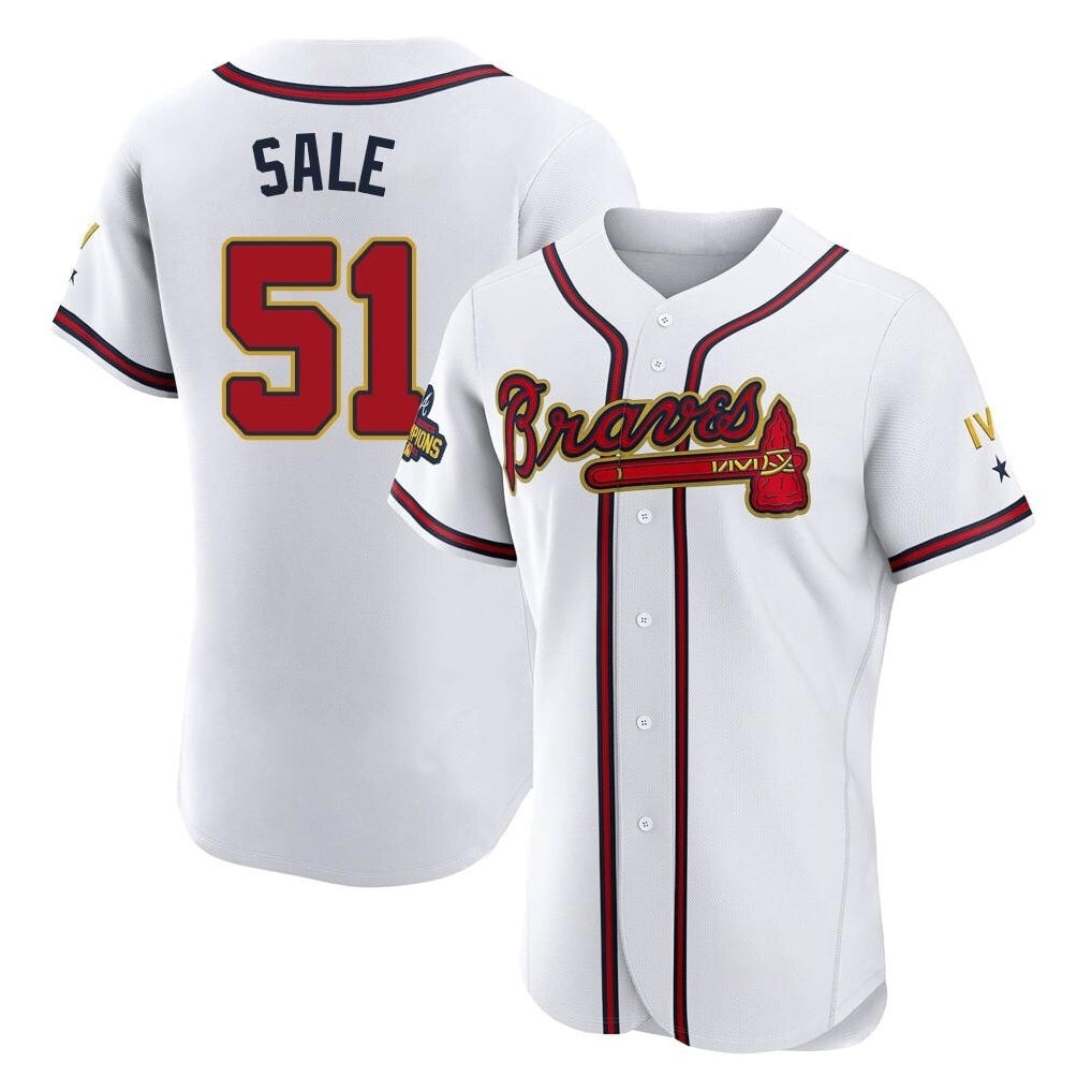 Atlanta Braves #51 Chris Sale Player White Gold MIKSHPS Limited Elite Home Game Stitched Jerseys