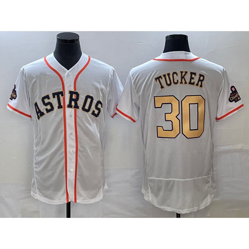 Houston Astros #30 Kyle Tucker 2023 White Gold MIKSHPS World Serise Champions Patch Flex Base Stitched Jersey