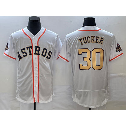 Houston Astros #30 Kyle Tucker 2023 White Gold MIKSHPS World Serise Champions Patch Flex Base Stitched Jersey