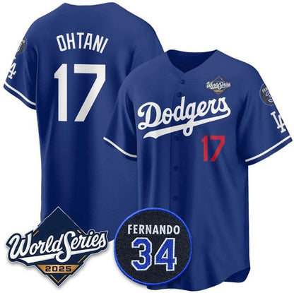 Los Angeles Dodgers #17 Shohei Ohtani Royal MIKSHPS 2025 World Series With No.34 Patch Limited Stitched Jersey