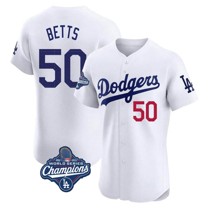 Los Angeles Dodgers #50 Mookie Betts Player White MIKSHPS World Series Meet Limited Elite Home Stitched Jerseys