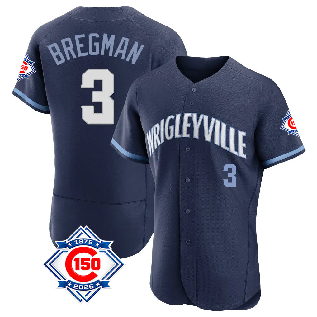 Chicago Cubs #3 Alex Bregman Player Navy MIKSHPS City Connect 150th Anniversary Limited Elite Home Stitched Jerseys