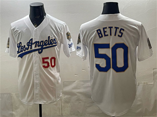 Los Angeles Dodgers #50 Mookie Betts White MIKSHPS 2026 Gold Collection 9x & B2B Champs Patch Stitched Jersey