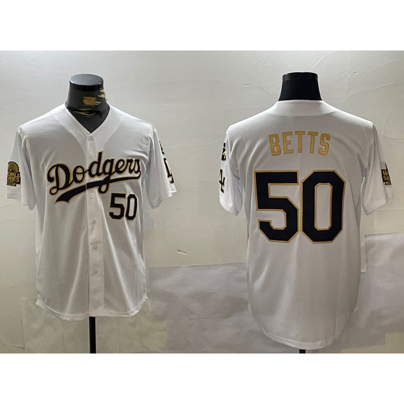 Los Angeles Dodgers #50 mookie betts white gold MIKSHPS 2024 world series with fernando memorial patch limited stitched jersey