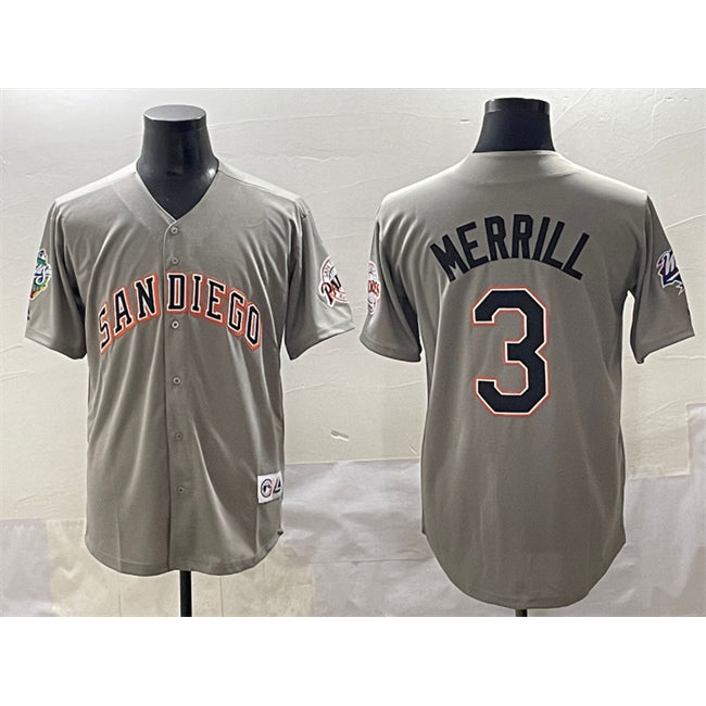 San Diego Padres #3 Jackson Merrill Gray MIKSHPS Fashion Throwback With Patch Cool Base Stitched Jersey