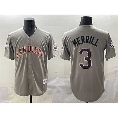 San Diego Padres #3 Jackson Merrill Gray MIKSHPS Fashion Throwback With Patch Cool Base Stitched Jersey