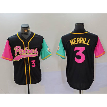 San Diego Padres #3 Jackson Merrill Number Black MIKSHPS NEW 2023 City Connect Cool Base Stitched Jersey