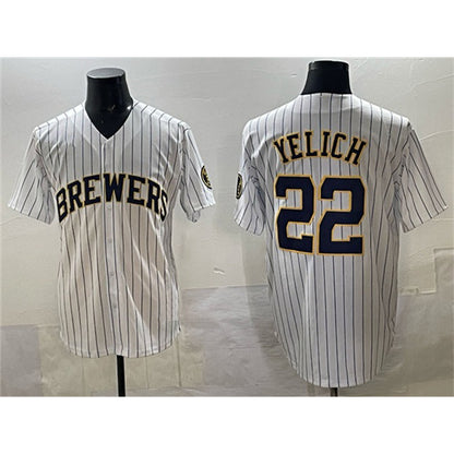 Milwaukee Brewers #22 Christian Yelich White MIKSHPS Pinstripe 2025 With Patch Stitched Jersey