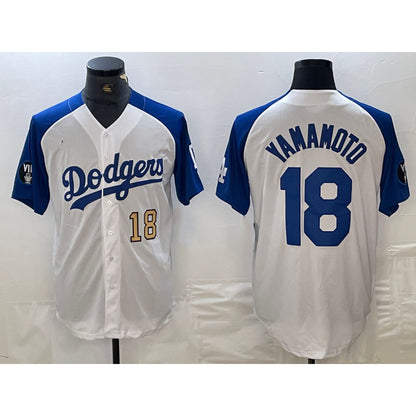 Los Angeles Dodgers #18 Yoshinobu Yamamoto Number White Blue MIKSHPS Fashion Stitched Cool Base Limited Jerseys