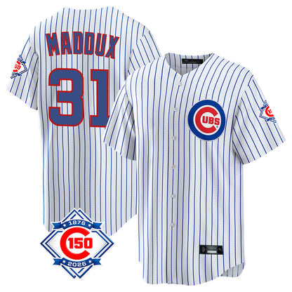 Chicago Cubs #31 Greg Maddux Player White MIKSHPS 150th Anniversary Home Game Stitched Jerseys