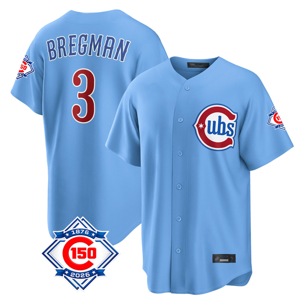 Chicago Cubs #3 Alex Bregman Player Light Blue MIKSHPS 150th Anniversary Home Game Stitched Jerseys