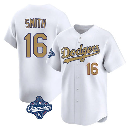 Los Angeles Dodgers #16 Will Smith Player White Gold MIKSHPS World Series Meet Collection Limited Home Stitched Jerseys