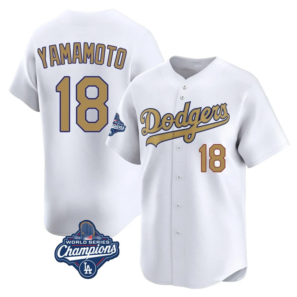 Los Angeles Dodgers #18 Yoshinobu Yamamoto Player White Gold MIKSHPS World Series Meet Collection Limited Home Stitched Jerseys