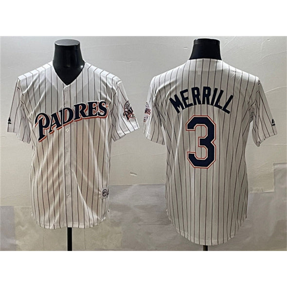 San Diego Padres #3 Jackson Merrill White MIKSHPS Throwback With Patch Cool Base Stitched Jersey