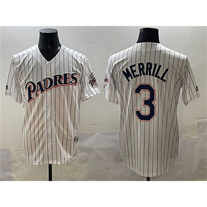 San Diego Padres #3 Jackson Merrill White MIKSHPS Throwback With Patch Cool Base Stitched Jersey