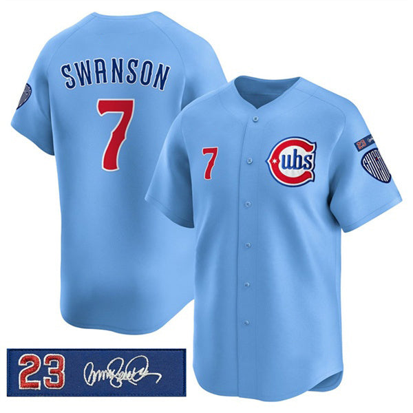 Chicago Cubs #7 Dansby Swanson Blue MIKSHPS 'Ryne Sandberg Tribute' Vapor Limited V3 Stitched Jersey