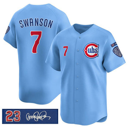 Chicago Cubs #7 Dansby Swanson Blue MIKSHPS 'Ryne Sandberg Tribute' Vapor Limited V3 Stitched Jersey