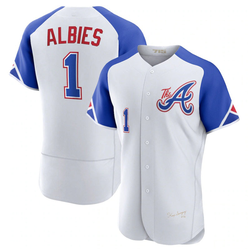 Atlanta Braves #1 Ozzie Albies White MIKSHPS 2023 City Connect Flex Base Stitched Jersey