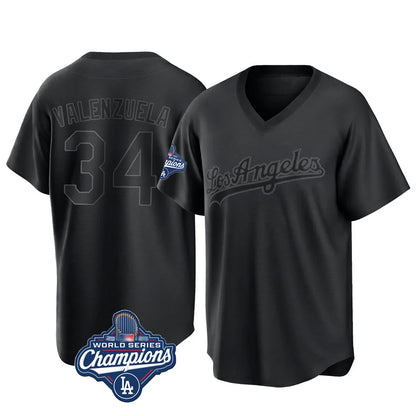 Los Angeles Dodgers #34 Fernando Valenzuela Player Black MIKSHPS World Series Meet Pitch Fashion T-shirt Stitched Jerseys