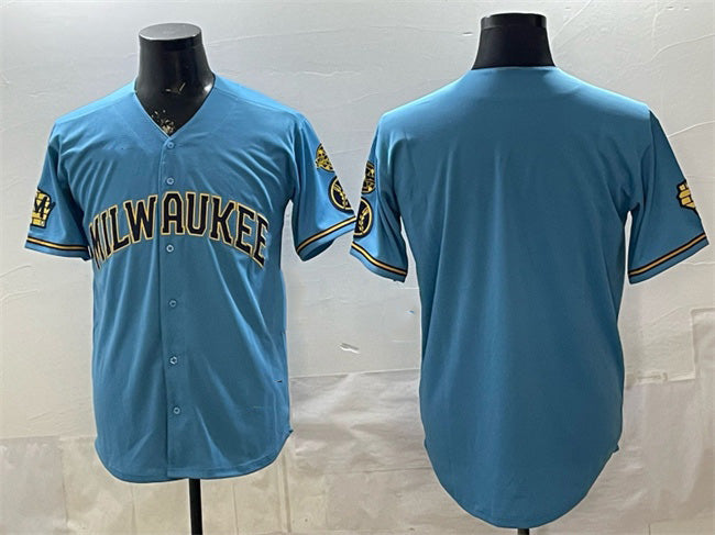 Milwaukee Brewers Blank Blue MIKSHPS With Home & Bob Uecker Patch Stitched Jersey