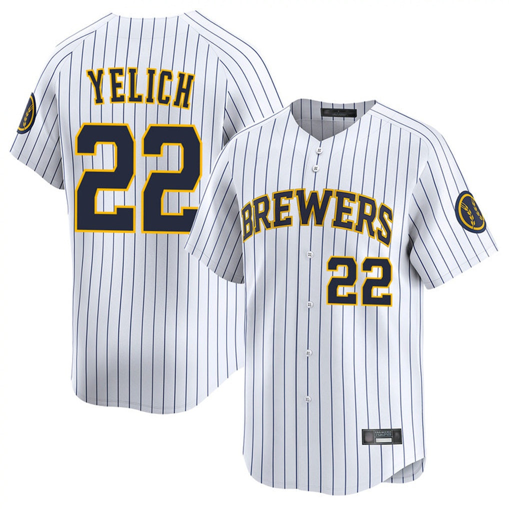 Milwaukee Brewers #22 Christian Yelich Player White MIKSHPS Stripes Home Limited Game Stitched Jerseys