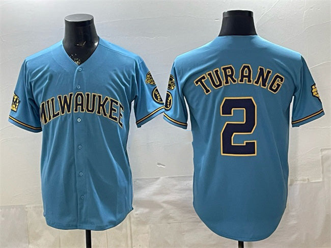 Milwaukee Brewers #2 Brice Turang Blue MIKSHPS With Home & Bob Uecker Patch Stitched Jersey