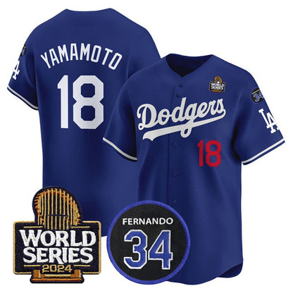 Los Angeles Dodgers #18 Yoshinobu Yamamoto Royal MIKSHPS 2024 World Series With Fernando Memorial Patch Limited Stitched Jersey