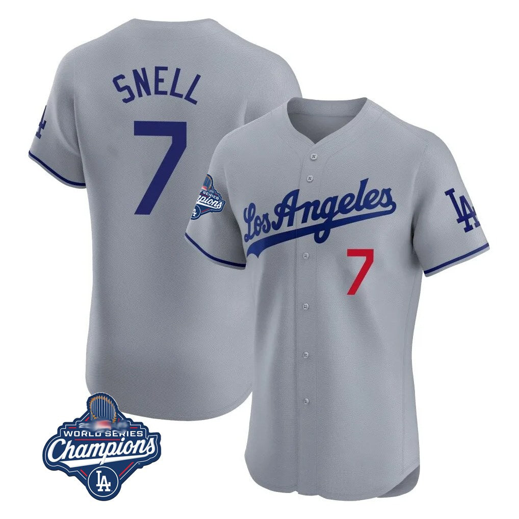 Los Angeles Dodgers #7 Blake Snell Player Gray MIKSHPS World Series Meet Limited Elite Home Stitched Jerseys