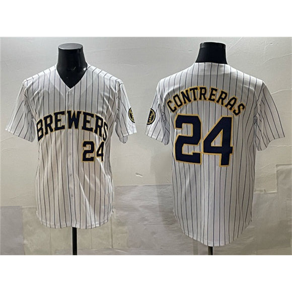 Milwaukee Brewers #24 William Contreras White MIKSHPS Pinstripe 2025 With Patch Stitched Stitched Jersey