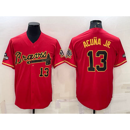 Atlanta Braves #13 Ronald Acuna Jr Red Gold MIKSHPS World Series Champions Program Cool Base Stitched Jersey