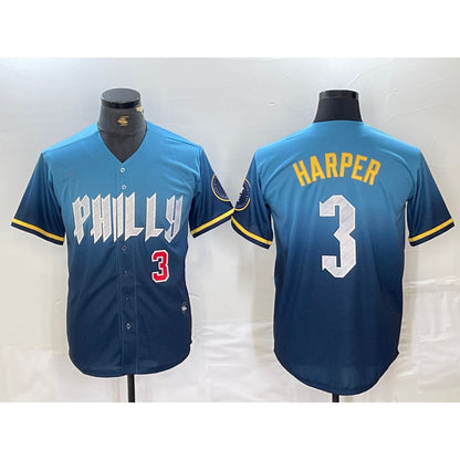 Philadelphia Phillies #3 Bryce Harper Number Blue MIKSHPS 2024 City Connect Limited Stitched Jersey 2