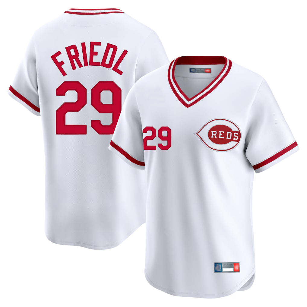 Cincinnati Reds #29 TJ Friedl Player White MIKSHPS Cooperstown Collection Limited T-shirt Home Stitched Jerseys
