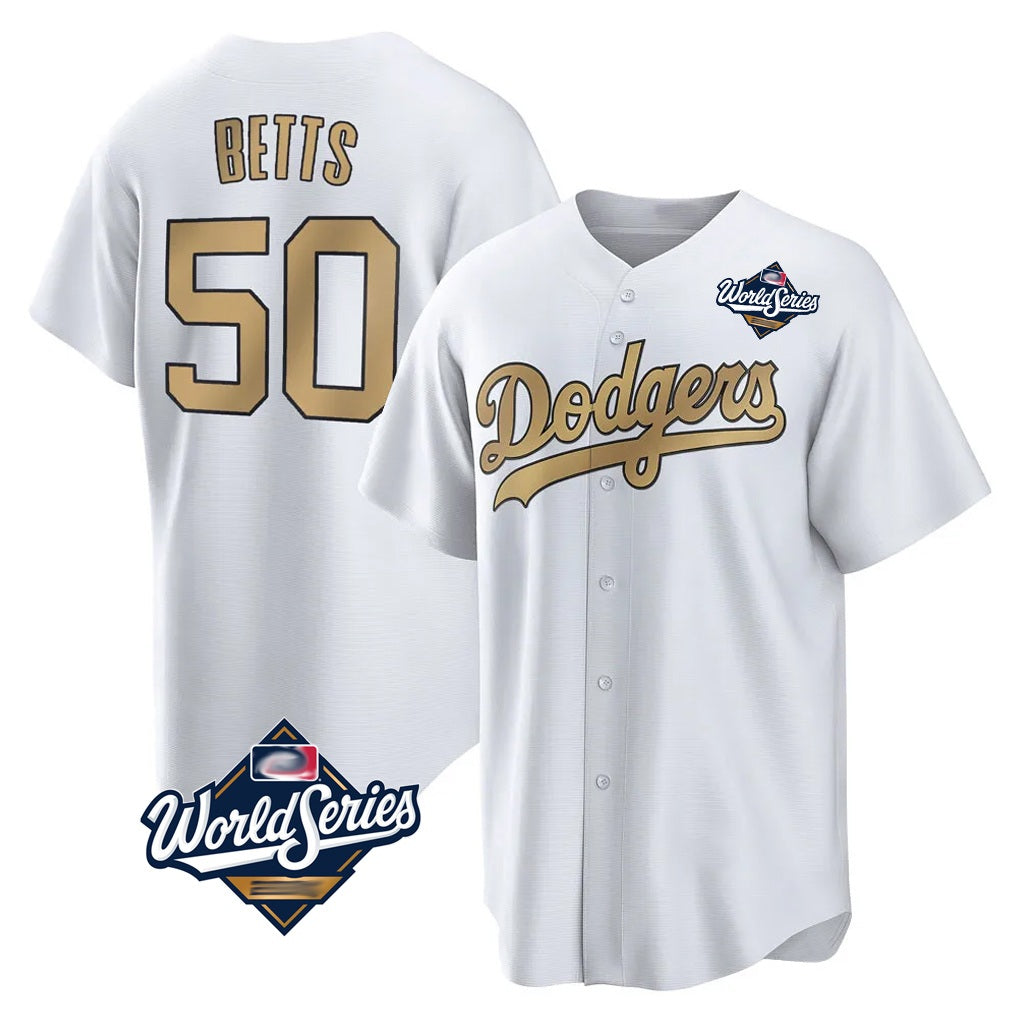 Los Angeles Dodgers #50 Mookie Betts Player White Gold MIKSHPS World Series Collection Limited Home Stitched Jerseys