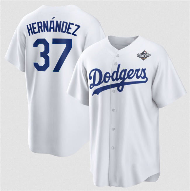 Los Angeles Dodgers #37 Teoscar Hern¨¢ndez White MIKSHPS 2025 World Series Home Cool Base Stitched Jersey