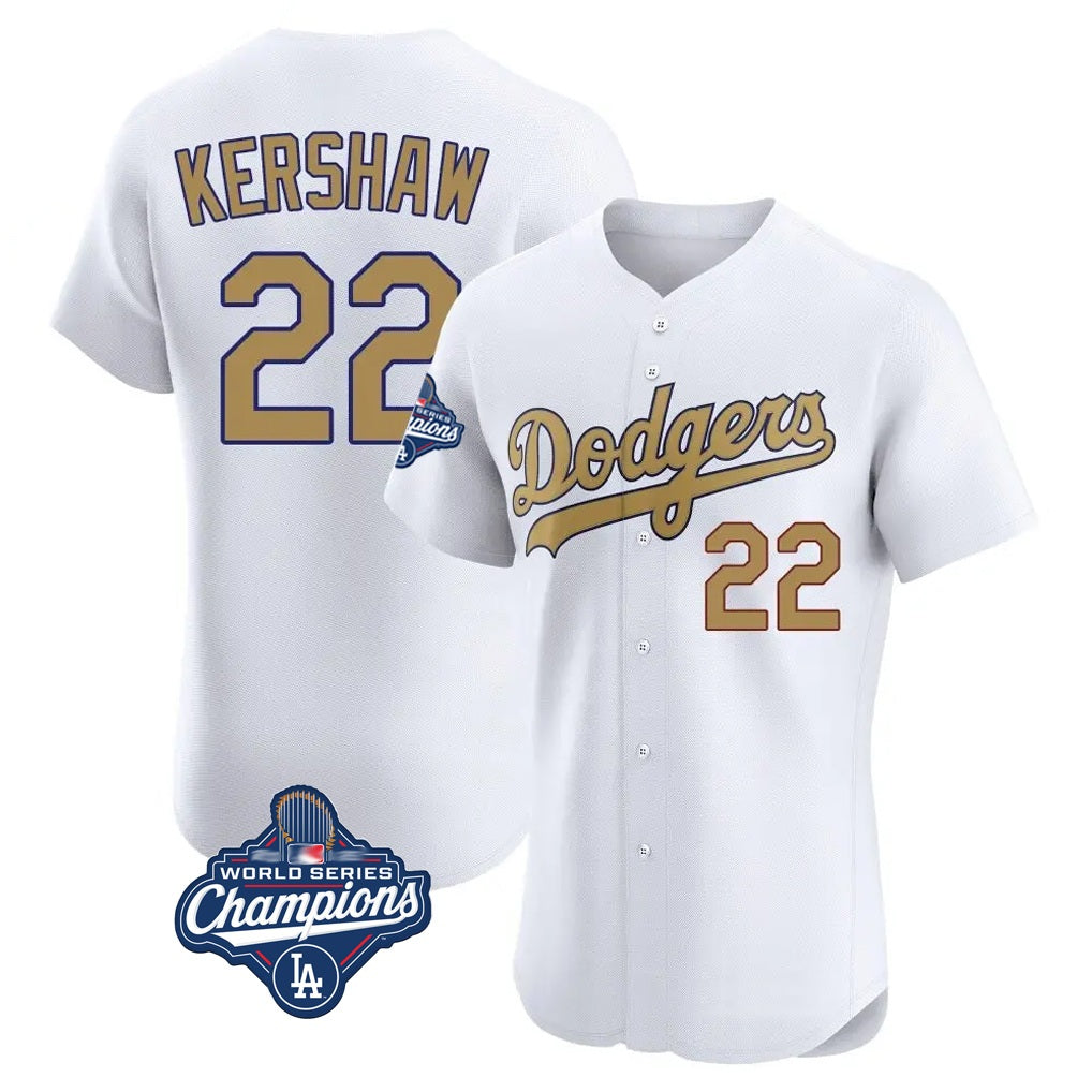 Los Angeles Dodgers #22 Clayton Kershaw Player White Gold MIKSHPS World Series Meet Limited Elite Home Stitched Jerseys